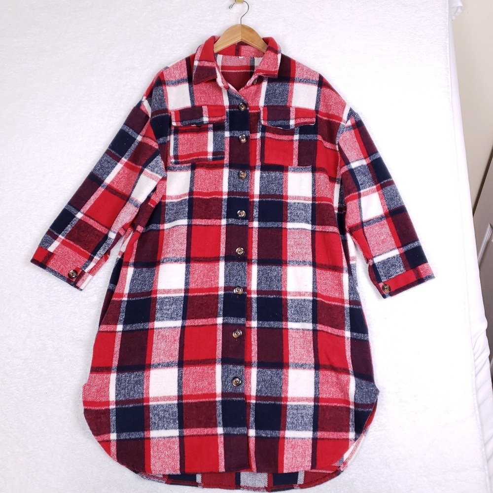 XL Plaid Flannel Midi Shirt Dress Red Navy‎ Longline Duster Shacket Pockets